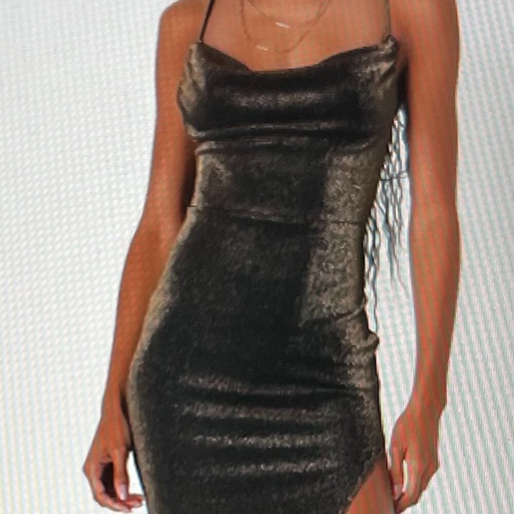 Lulu's Sultry Sparkle Gold and Black Lurex Backless Cowl Maxi Dress Size M
